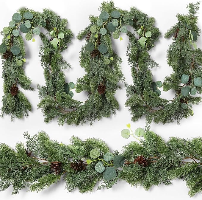 XunYee 6 Feet Christmas Cedar Garland, Realistic Pine Needles Garland with Cones and Eucalyptus Leaves, Artificial Greenery for Mantle, Stair, Doorway, or Xmas Holiday Decoration