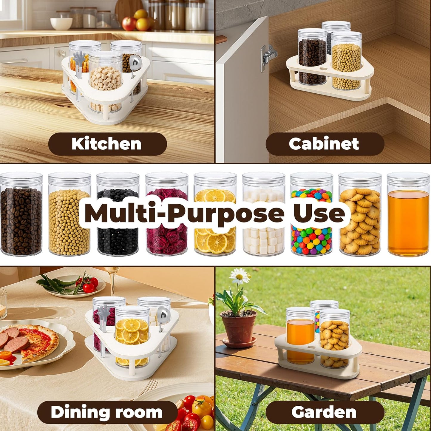 360° Rotating Dog Treat Holder Countertop Wood, Compact Dog Treat Tray for One-Hand Easy Access,3.8‘’ Diameter Slots for 3,Fit Most Spice Jar,Bottles,Cookie Tins & Pet Food Jars,Food Tong and Spoon