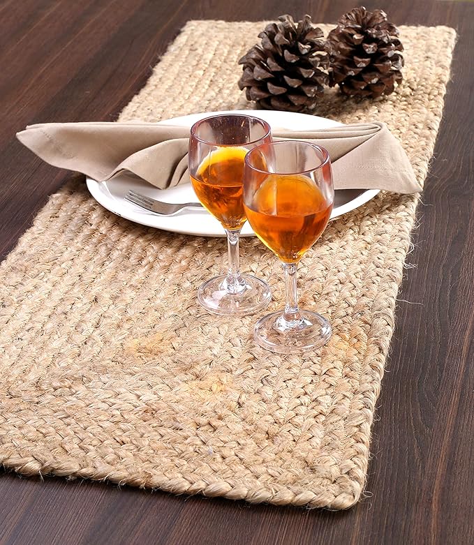 GLAMBURG Farmhouse Jute Burlap Table Runner 36 Inches Long, 13x36 Natural Jute Braided, Organic Eco-Friendly Rustic Vintage Dining