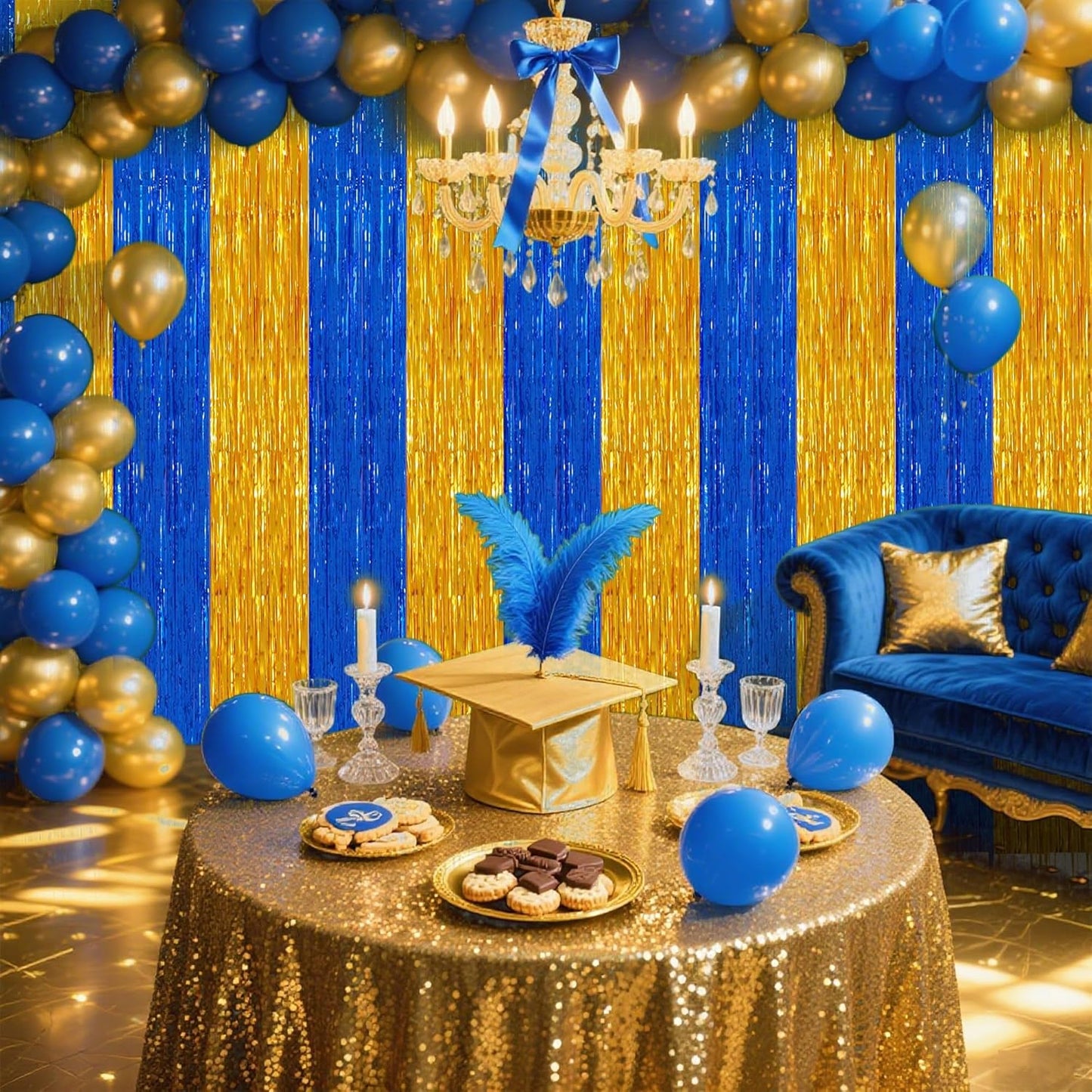 TONIFUL 2Pcs Blue Gold Door Streamers,Green Photo Booth Backdrop,Metallic Streamers Green Foil Fringe Curtains for Birthday,Christmas,New Year,St. Patrick's Day Party Streamers Decor