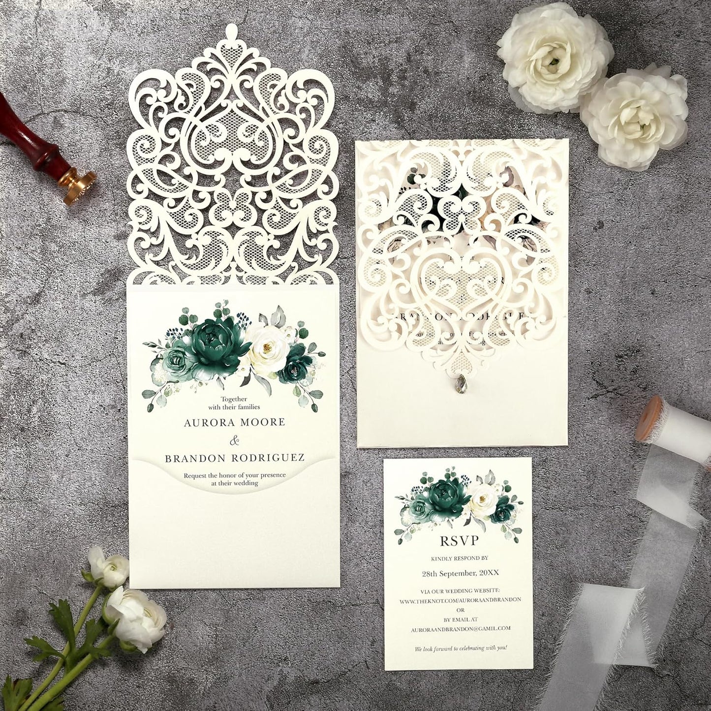 50pcs Laser Cut Wedding Invitations with Envelopes and RSVP Cards Green and Ivory White, 5x7.3 Personalized Invitation Cards for Wedding, Anniversary Invitations with Rhinestone