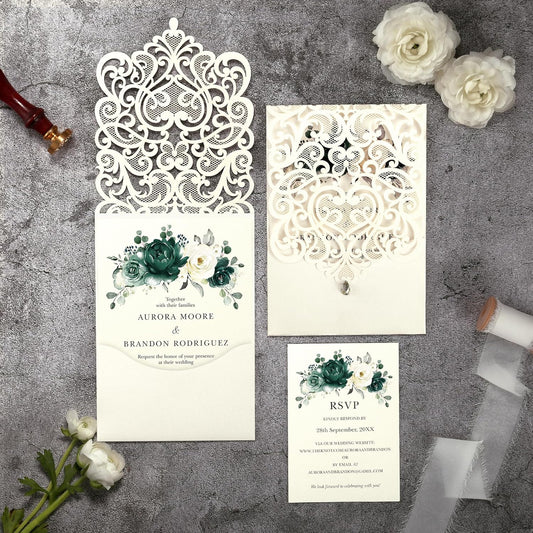 50pcs Laser Cut Wedding Invitations with Envelopes and RSVP Cards Green and Ivory White, 5x7.3 Personalized Invitation Cards for Wedding, Anniversary Invitations with Rhinestone