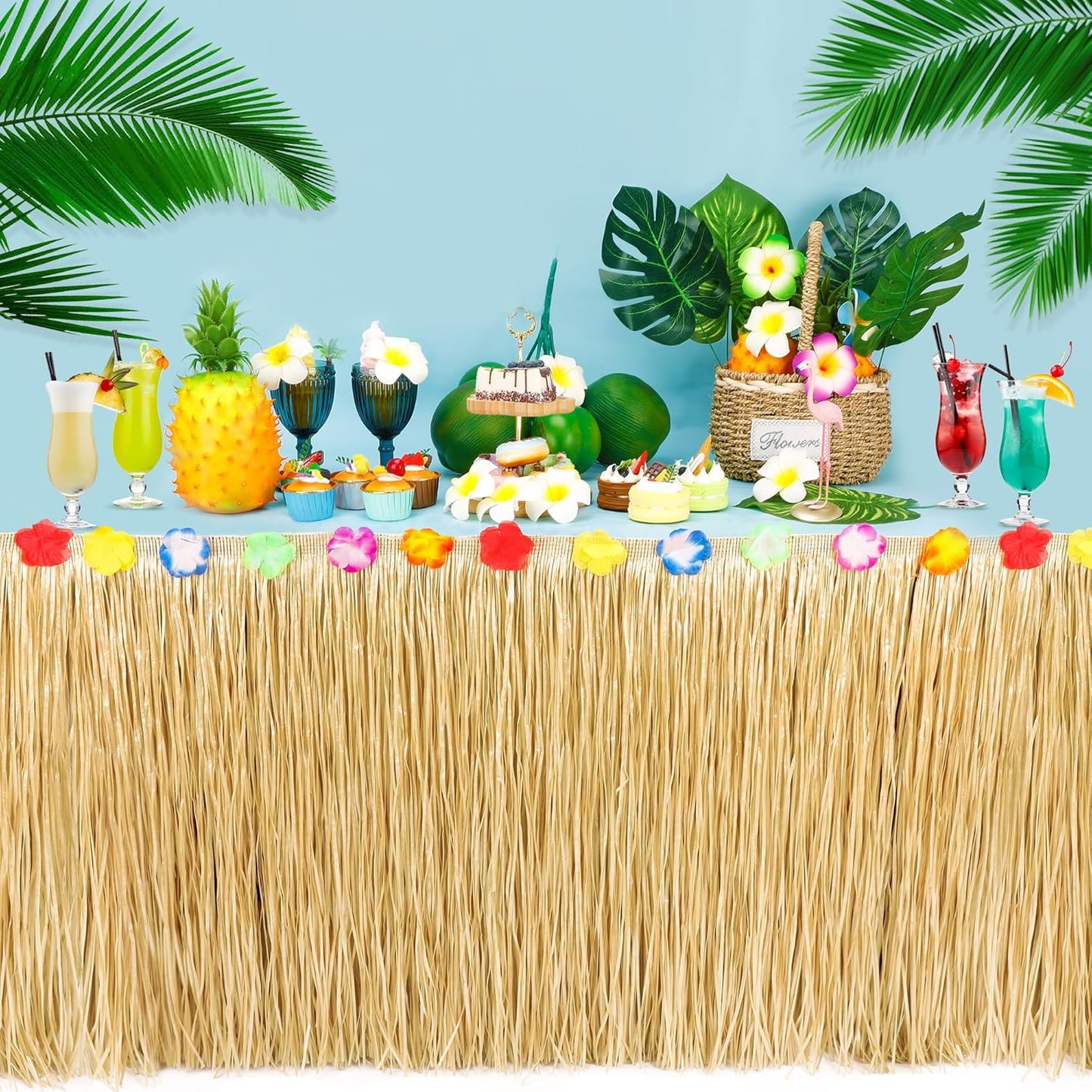 8PCS Hawaiian Table Skirt, Gold Luau Themed Grass Table Skirt Party Supplies, Indoor Outdoor 108 X 29.5" Flower Tropical Hula Dance Parties Supplies Bulk, Table Skirt for Summer Beach Themed Party