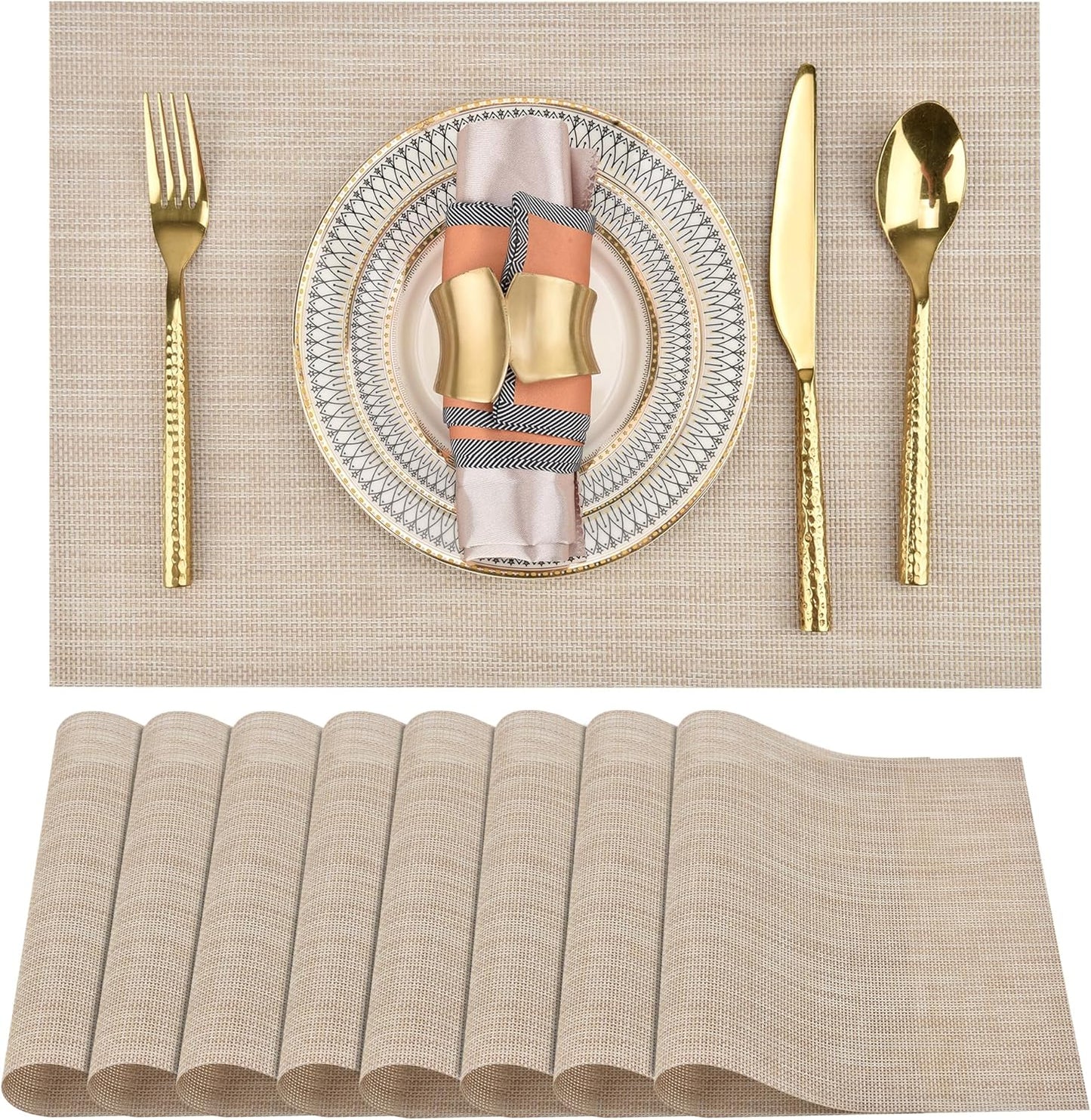 SLKQG Placemats Set of 8 - Easy Clean Washable Vinyl Placemats - Wipeable Heat Resistant Table Mats for Dining Table - 17.7x11.8 Inch (8, Beige)