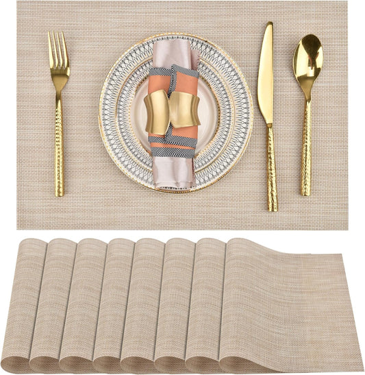 SLKQG Placemats Set of 8 - Easy Clean Washable Vinyl Placemats - Wipeable Heat Resistant Table Mats for Dining Table - 17.7x11.8 Inch (8, Beige)