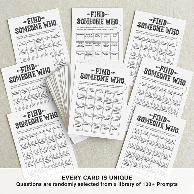 Sahjzk Office Bingo Cards, 25 Unique Randomized 5x7 Sheets, Get to Know You Bingo Game for Adults, Ice Breaker Office Party Games, Team Building Games for Work, High Replay Value - A05