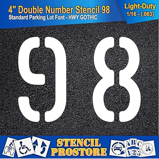 Pavement, Curb, and WheelStop Stencils - 4 inch Double Number Stencil - (98) - 4" x 5.5" x 1/16" (63 mil) - Light-Duty