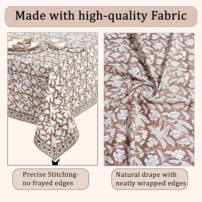 Ridhi Hand Block Print Oak Brown Rectangle Cotton Tablecloth 108" x 60" Reusable Table Cover Decorative Everyday Use for Dining, Farmhouse, Home Gift for Spring, Easter, Valentine