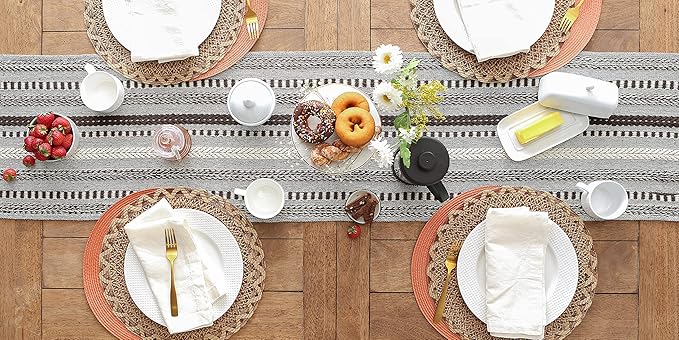DII Farmhouse Braided Stripe Table Runner Collection, 15x72 (15x77, Fringe Included), Dark Brown