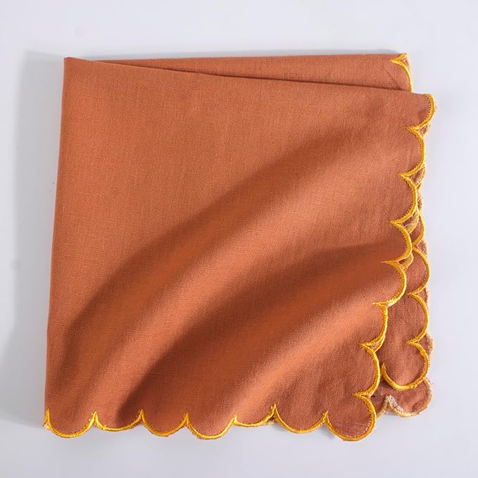 FINGERCRAFT Cloth Napkins, Everyday Use Reversible Scallop Design, Premium Quality Cotton Linen Blend Napkin Set of 6 Perfect for Parties Dinners Weddings Christmas Napkin Cloth 20x20 Inch Rust