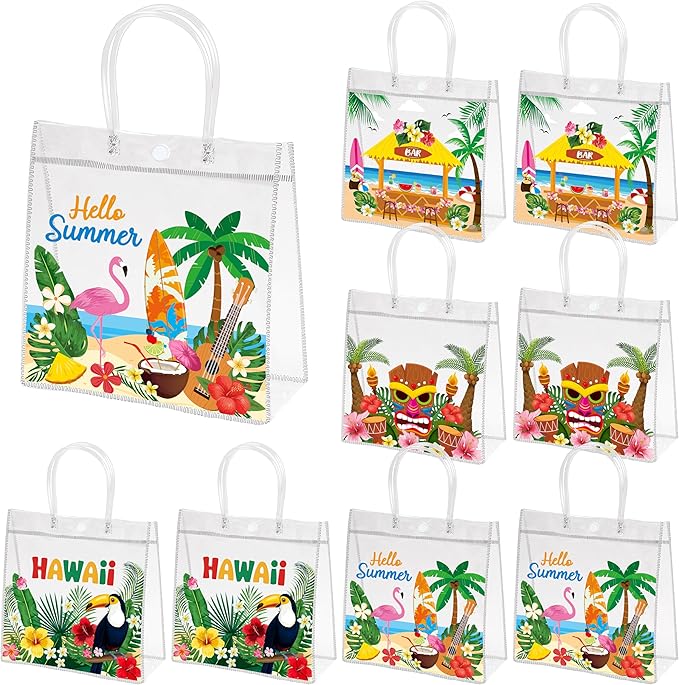 H1vojoxo Summer Hawaiian Gift Bags - 24PCS Hello Summer Clear Gift Bags with Handle 7.9 x 3.2 x 7.9 Inch Reusable PVC Plastic Transparent Waterproof Tote Bag for Hawaiian Party Birthday Party Supplies