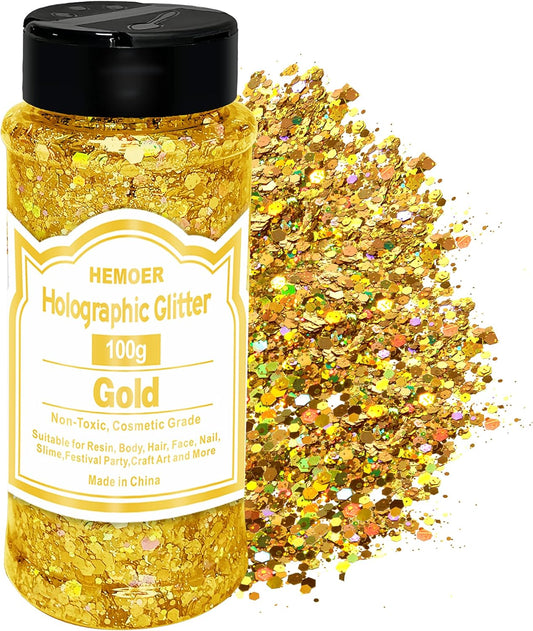 HEMOER Gold Glitter, 100g/3.5oz Holographic Chunky Glitter Mixed Hexagon Chunky & Fine Flakes Iridescent Sequins for Epoxy Crafts, Resin, Nail Body, Tumblers, Party Decoration