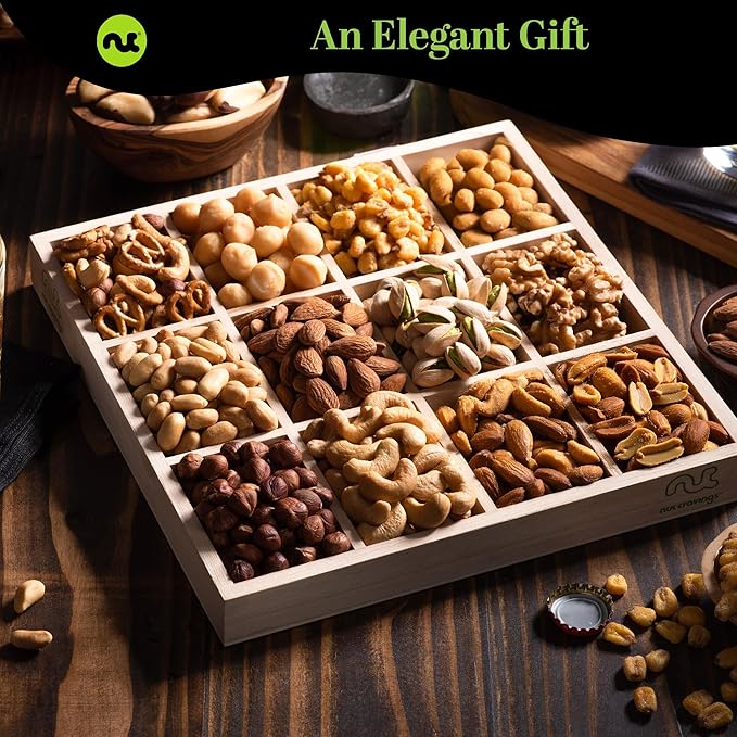 NUT CRAVINGS Gourmet Collection - Sympathy Condolence, Nuts Gift Basket with Sympathy Ribbon + Greeting Card in Reusable Wooden Tray (12 Assortments) Food Platter Healthy Snack Care Package