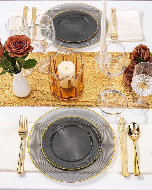 Hioasis 60pcs Black and Gold Plastic Plates - Black Disposable Dinnerware Set, 30pcs Dinner 10.25in & 30pcs Dessert 7.5in Plates with Striped Designs for Party & Halloween