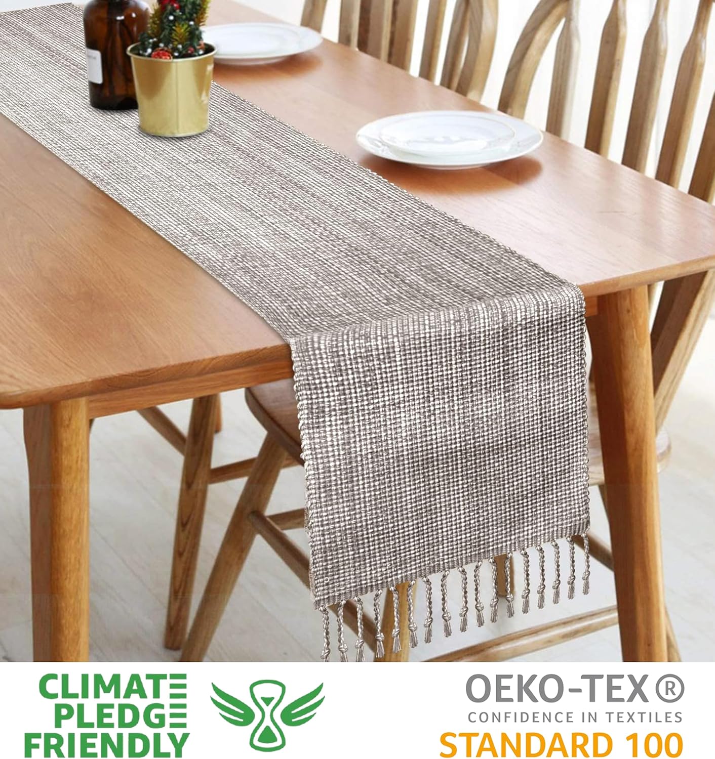 Urban Villa, 100% Cotton Two Tone Table Runner,14''x 72'' Over Sized Taupe/White Two Tone Table Runner with Fringes, Every Day Use Heavier Quality Christmas Runners