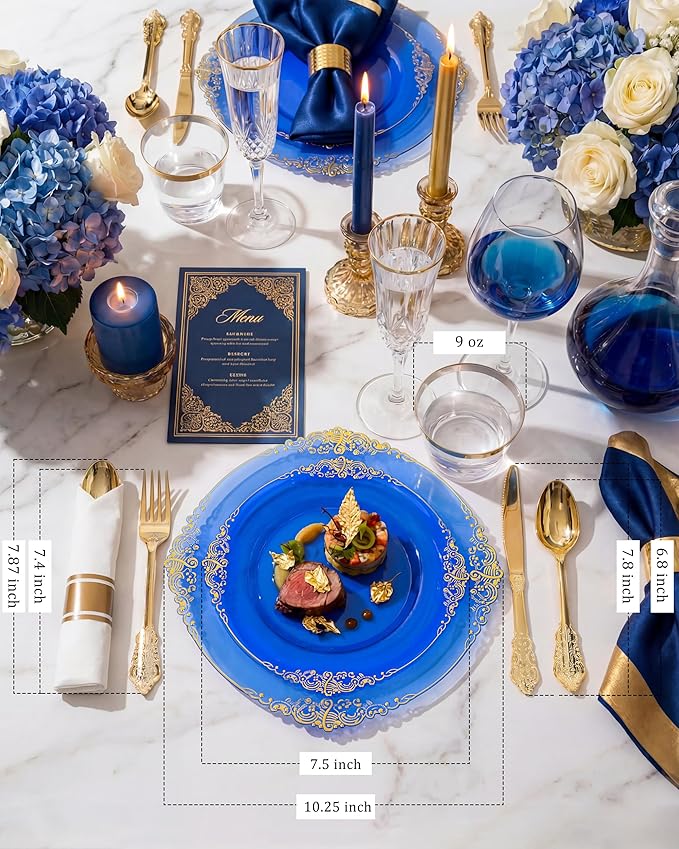 Nervure 350PCS CLear Blue Plastic Plates - Blue Gold Plastic Dinnerware Sets for 50 Guests - 100 Disposable Plates, 150 Silverware, 50 Cups, 50 Napkins for Wedding & Party