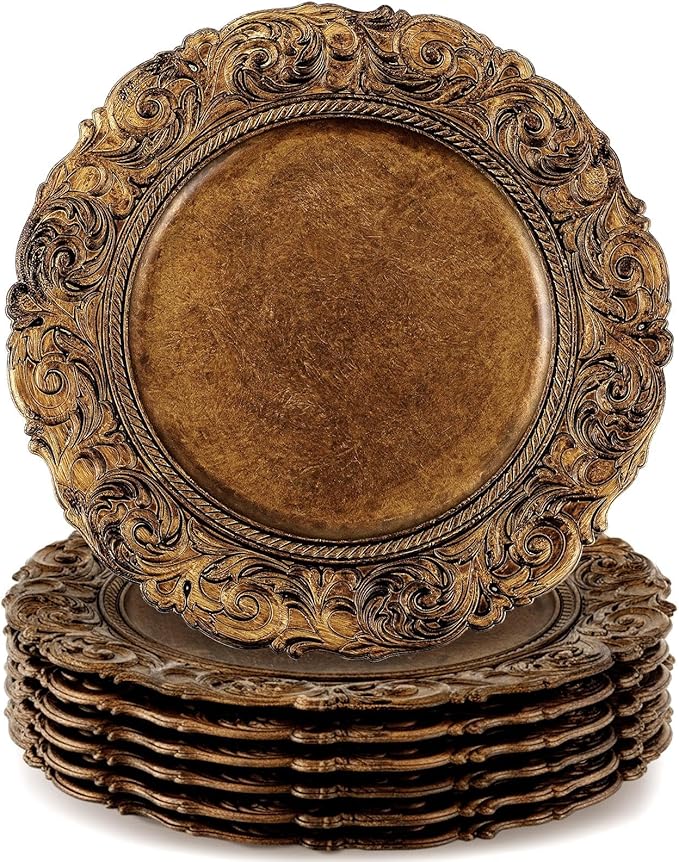12 Pcs Antique Gold Charger Plates Bulk 13 Inch Embossed Rim Plastic Round Decorative Vintage Plates Charger for Dinner Wedding Party Event Table Setting Decoration (Classic)