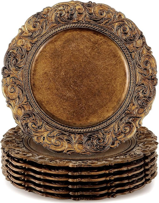 12 Pcs Antique Gold Charger Plates Bulk 13 Inch Embossed Rim Plastic Round Decorative Vintage Plates Charger for Dinner Wedding Party Event Table Setting Decoration (Classic)