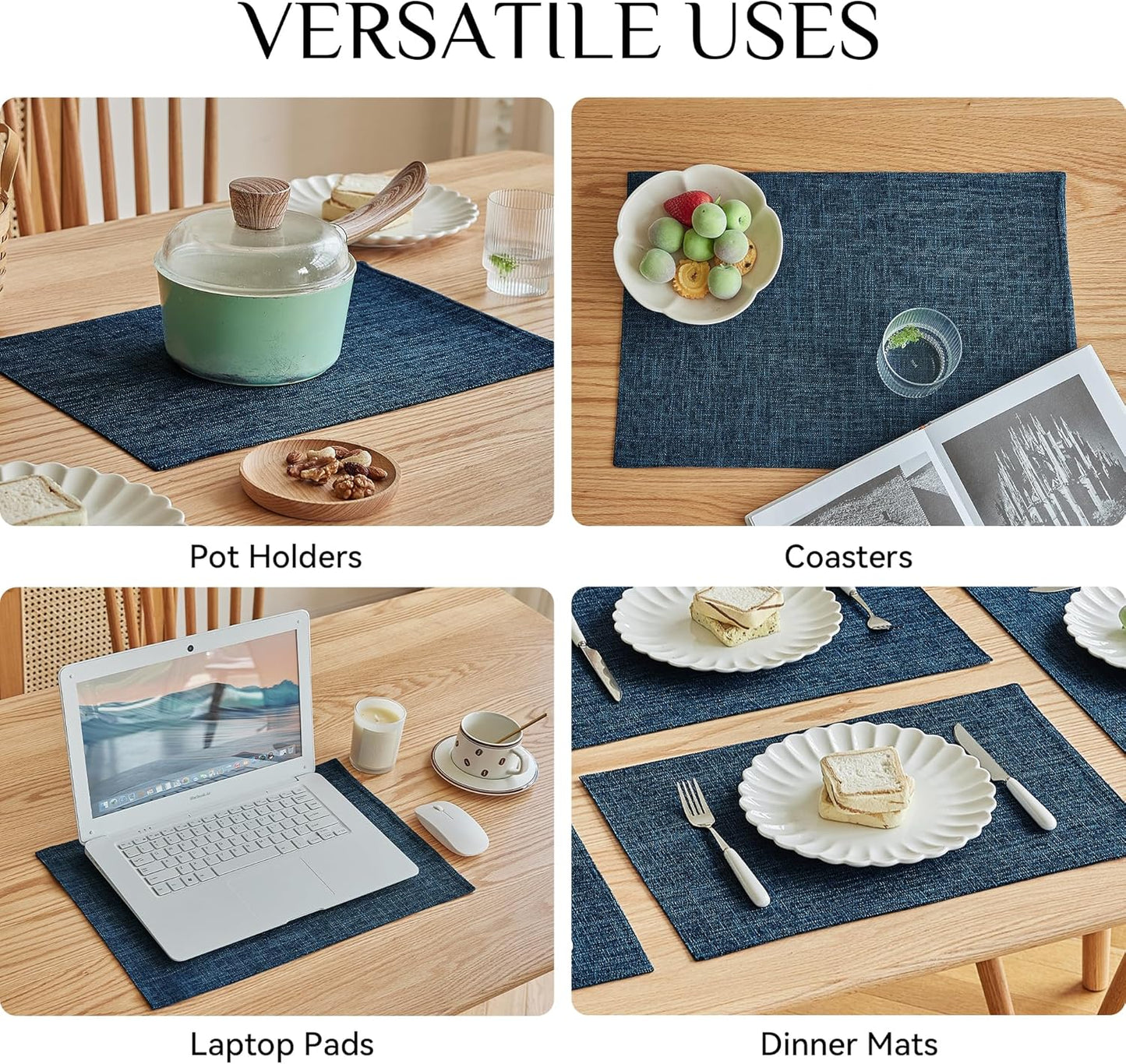 Softalker Faux Linen Placemats Set of 8-12 x 18 Inch, Heat Resistant Double Layered Durable Burlap Farmhouse Place Mats, Non-Slip Washable Rustic Table Mats for Dining, Kitchen, Party（Navy Blue