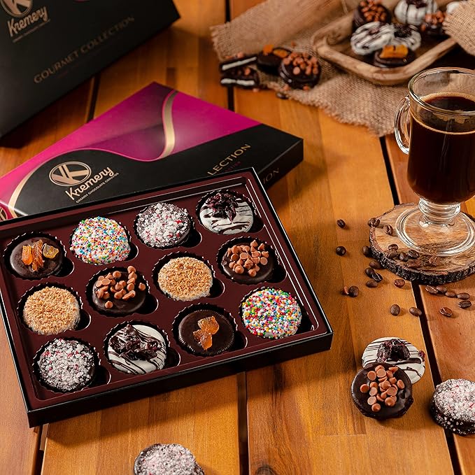 KREMERY Creamy Chocolate Cravings - Halloween Treats For Adults Chocolate Covered Sandwich Cookies & Cream Gift Basket, in Elegant Gift Box (12 Cookies, Assorted Sweet Toppings) Holiday Xmas Christmas