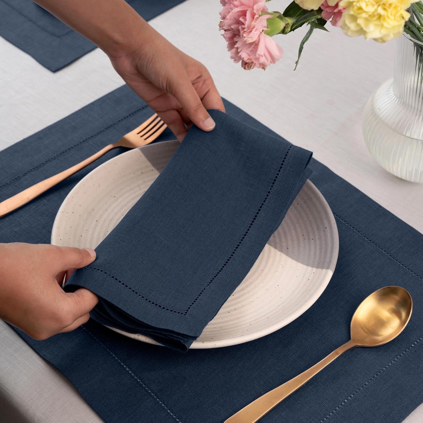 D'Moksha Homes Navy Blue Linen Napkins Set of 8 - Classic Hemstitch 100% Pure Linen Hemstitch Dinner Napkins 20 x 20 Inch for Fall, Thanksgiving, Holiday - Handcrafted and Machine Washable
