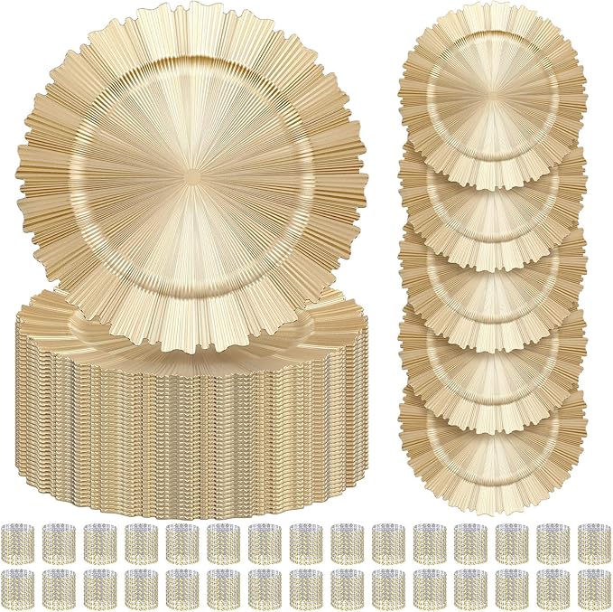 Tanlade 50 Set Light Gold Charger Plates Bulk with Napkin Rings Plastic 13" Plate Charger Fluted Edge Wedding Decoration for Table Wedding Party Event(Gear)