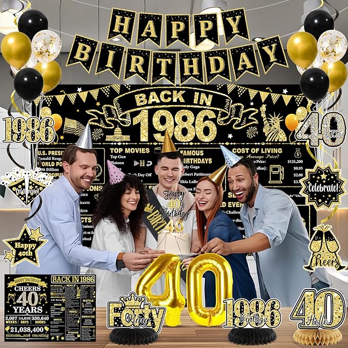 40th Birthday Decorations for Men, Black Gold Back In 1986 Party Supplies Set with Sash, Banner, Backdrop, Balloons & Cake Topper for 40 Year Old Birthday Decorations