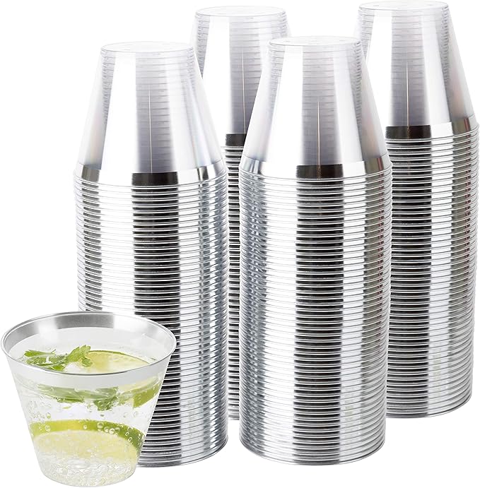 PLASTICPRO 9 oz Disposable Plastic Party Cups,Old fashioned Designed Tumblers, Crystal Clear (Clear With Silver Rim, 200)