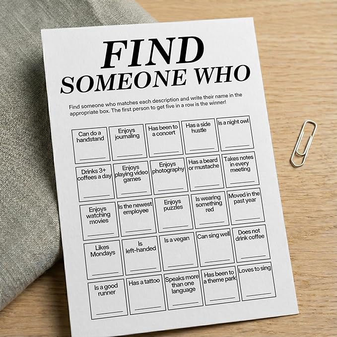 Sahjzk Office Bingo Cards, 25 Unique Randomized 5x7 Sheets, Get to Know You Bingo Game for Adults, Ice Breaker Office Party Games, Team Building Games for Work, High Replay Value - A04