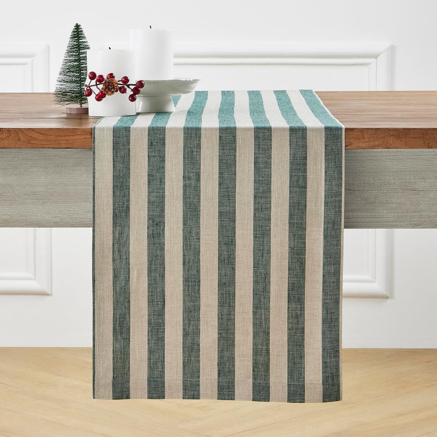 Solino Home Linen Table Runner 132 Inches Long - Sorrento Stripe 100% Pure Linen Hunter Green and Natural Table Runner 14 x 132 Inch for Thanksgiving, Christmas - Handcrafted and Machine Washable