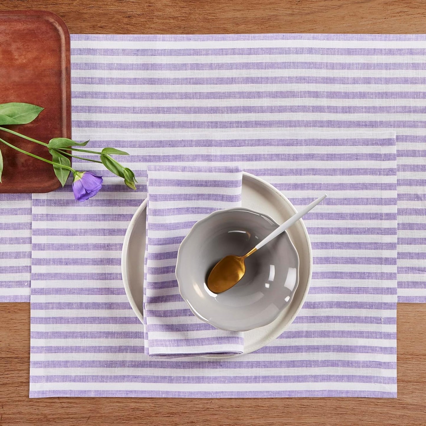Solino Home Striped Linen Table Runner 48 Inches - Amalfi Stripe, 100% Pure Linen Violet and White Small Table Runner 14 x 48 Inch Ideal for Dresser and Coffee Tables
