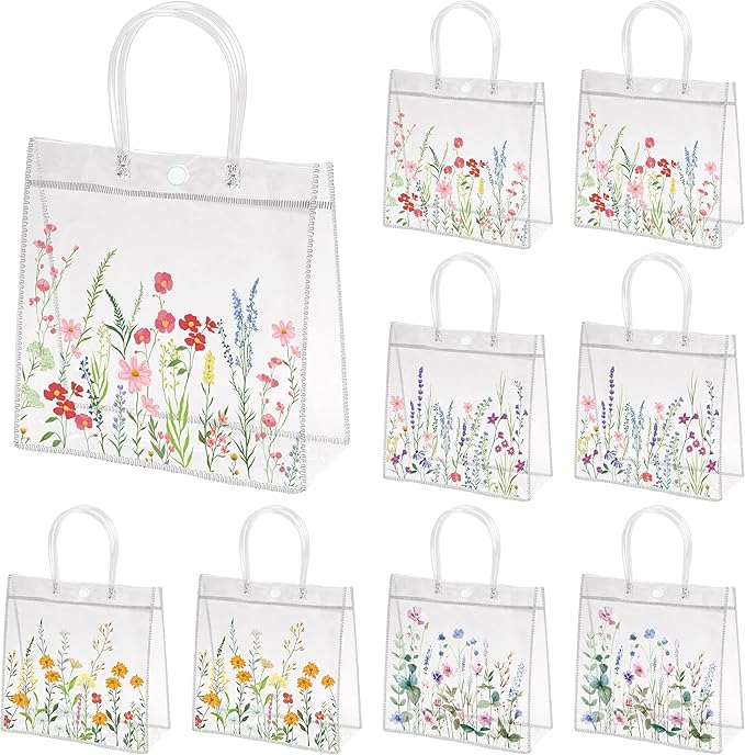 H1vojoxo Spring Wildflower Gift Bags - 24PCS Spring Wildflower Clear PVC Gift Bags with Handle Bulk Reusable Goodie Snack Treat Plastic Gift Wrap Tote Bag for Floral Themed Baby Shower Party Favors