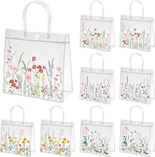 H1vojoxo Spring Wildflower Gift Bags - 24PCS Spring Wildflower Clear PVC Gift Bags with Handle Bulk Reusable Goodie Snack Treat Plastic Gift Wrap Tote Bag for Floral Themed Baby Shower Party Favors