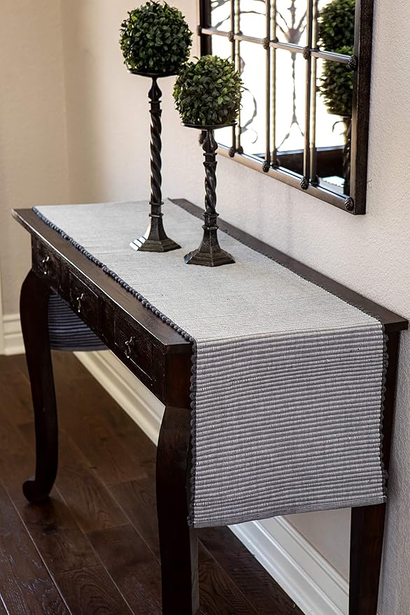 Sticky Toffee Cotton Table Runner, 14 x 72 Inch, Gray Woven Ribbed Farmhouse Boho Table Décor for Kitchen or Dining, Oeko-Tex Certified