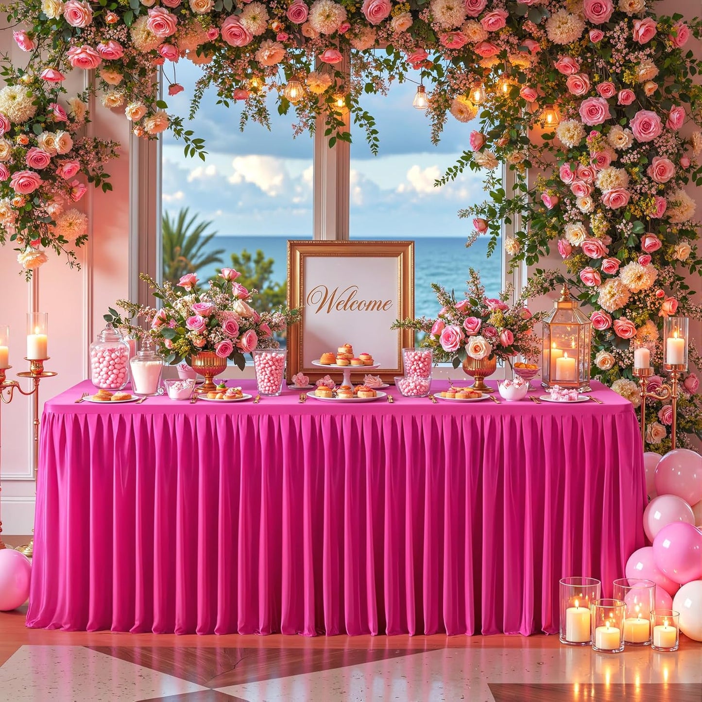 Hot Pink Polyester Table Clothes for 8 Foot Rectangle Tables, Wrinkle Free Fitted Table Cover with Pleated Ruffle Table Skirt for Birthday Party Wedding Trade Show Event Display