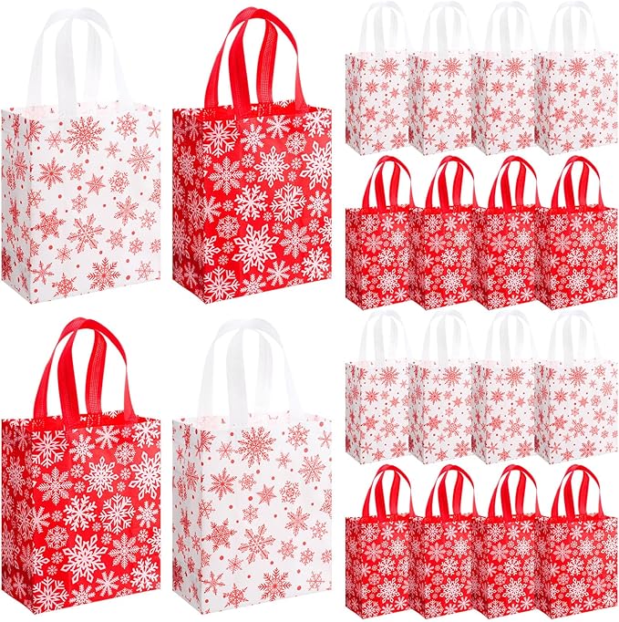 Wovnet 30 Pcs Christmas Bags Bulk Red White Snowflake Winter Merchandise Gift Bags with Handles Reusable Non Woven Tote Shopping Goodie Pouch for Xmas Party Favors 10 x 8 x 4in