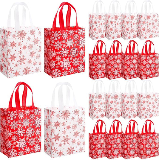 Wovnet 30 Pcs Christmas Bags Bulk Red White Snowflake Winter Merchandise Gift Bags with Handles Reusable Non Woven Tote Shopping Goodie Pouch for Xmas Party Favors 10 x 8 x 4in