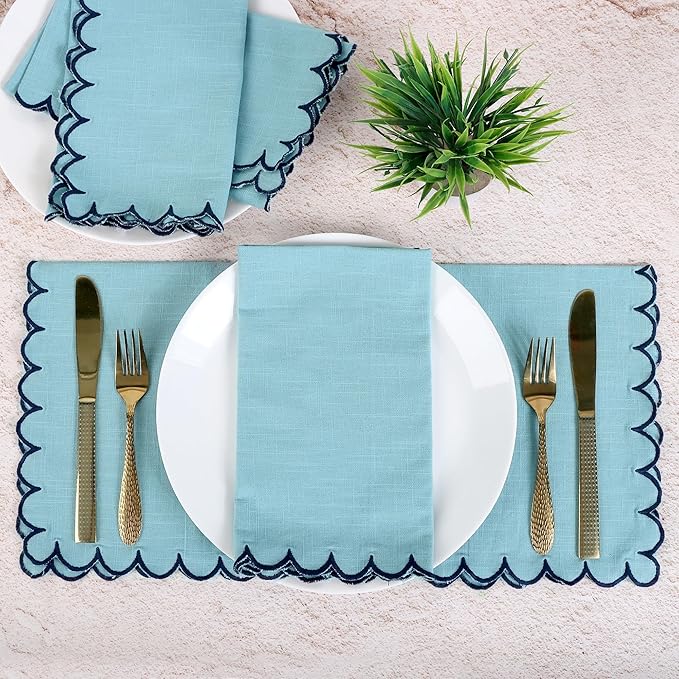 FINGERCRAFT Cloth Napkins, Everyday Use Scallop Design, Premium Quality Cotton Napkin Set of 6 Perfect for Parties Dinners Weddings Easter Napkin Cloth 20x20 inch Aqua/Navy