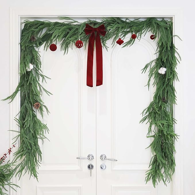 2PCS 9FT Christmas Garland Norfolk Pine Garland Real Touch Artificial Greenery Garland for Mantle Fireplace Table Indoor Outdoor Decor