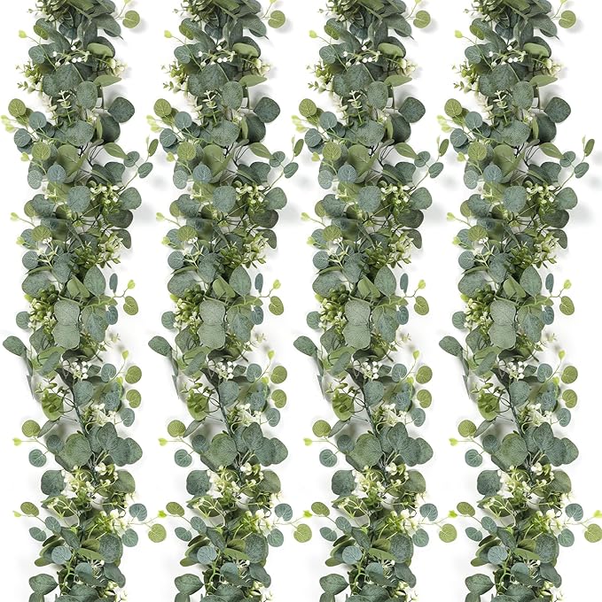 SOMYTING Artificial Eucalyptus Garland 2 Packs 5.9Ft Silver Dollar Eucalyptus Leaves Fake Vine with White Baby Breath Faux Greenery Garland Spring Garland for Mantle Table Wedding Party Decor (4PCS)
