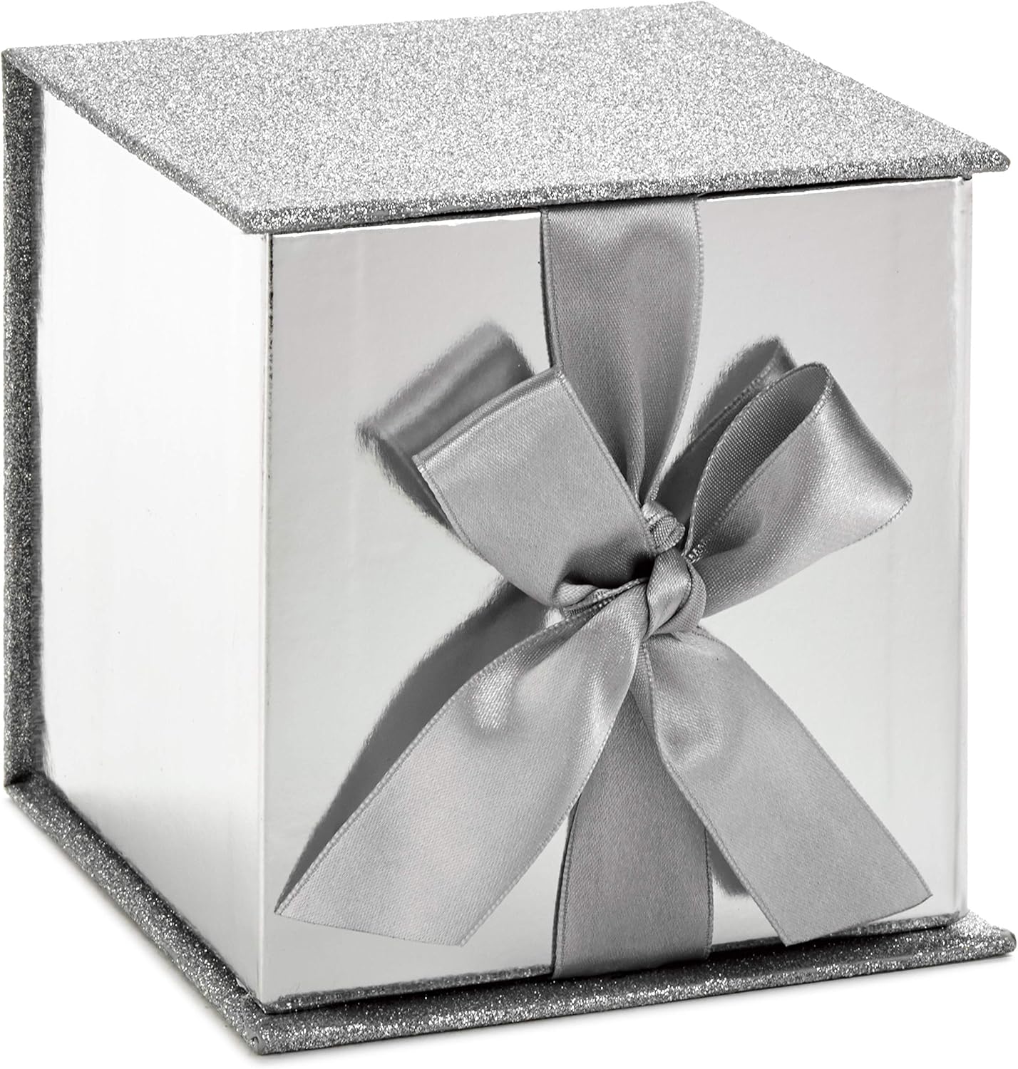 Hallmark Small Gift Box with Bow and Shredded Paper Fill (Silver Signature 4 inch Gift Box with Glitter) for Weddings, Graduations, Bridal Showers, Anniversaries, All Occasion