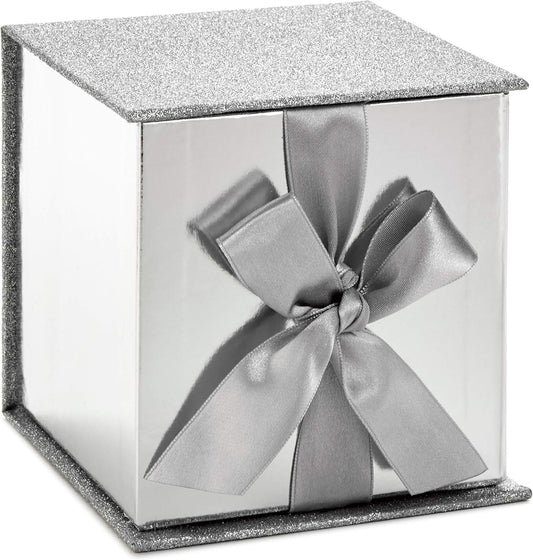 Hallmark Small Gift Box with Bow and Shredded Paper Fill (Silver Signature 4 inch Gift Box with Glitter) for Weddings, Graduations, Bridal Showers, Anniversaries, All Occasion