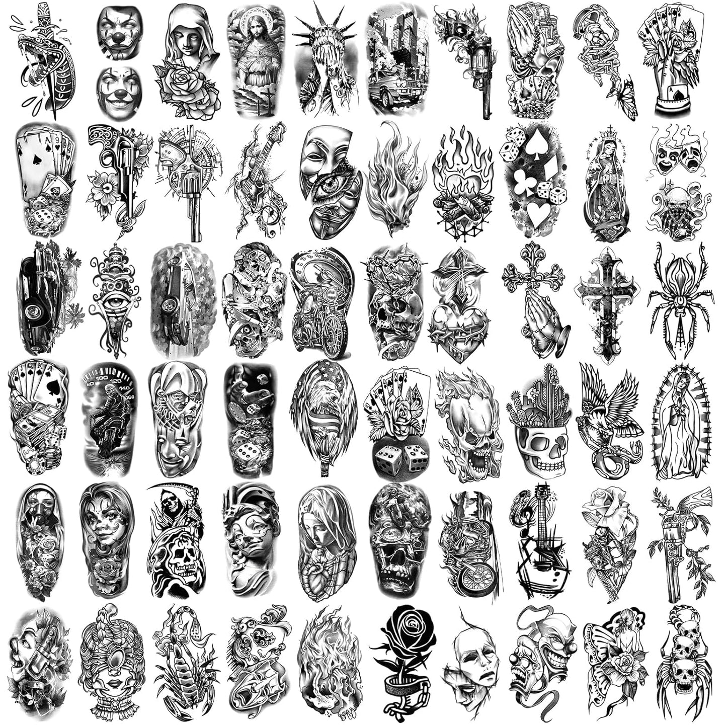 Yazhiji Waterproof Temporary Tattoos For Adult, Chicano Large Fake Tattoo Guadalupe Gangster Prisoner Day of the Dead, Lowrider Style Culture Mexico Clown 77 sheets Tattoo Stickers for Men Women