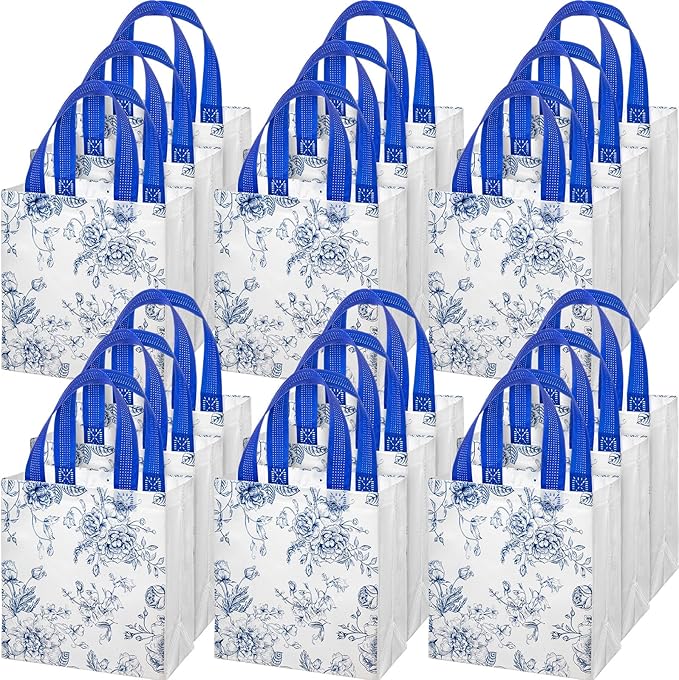 HunnmingRe 30 Pcs Blue Floral Gifts Bags Chinoiserie Wedding Welcome Bag Bulk Reusable Non Woven Tote Handbag for Bridal Baby Shower Birthday Tea Party Supplies