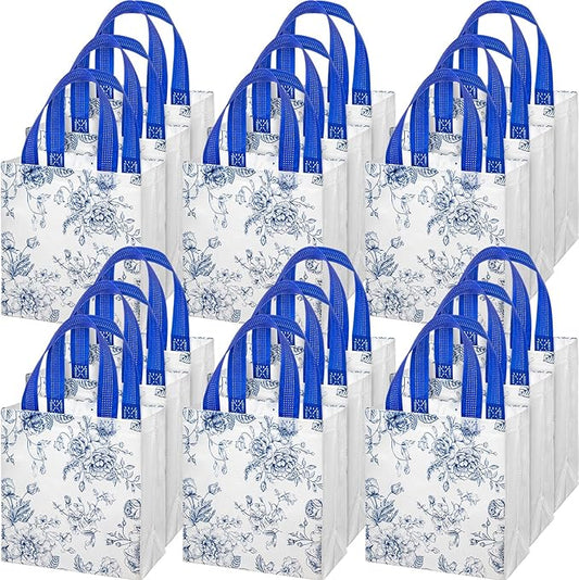 HunnmingRe 30 Pcs Blue Floral Gifts Bags Chinoiserie Wedding Welcome Bag Bulk Reusable Non Woven Tote Handbag for Bridal Baby Shower Birthday Tea Party Supplies
