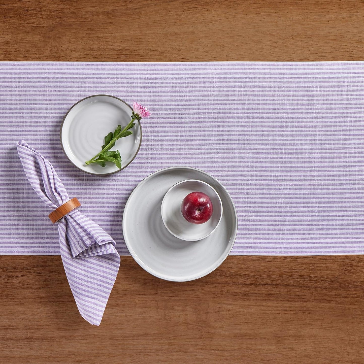 Solino Home Linen Table Runner 48 Inches - Narrow Stripe 100% Pure Linen Lavender and White Table Runner 14 x 48 Inch Ideal for Dresser and Coffee Tables - Fall, Halloween, Thanksgiving, Christmas