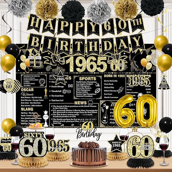 60th Birthday Decorations for Men, Black Gold Back In 1965 Birthday Banner Decorations, Vintage 60th Birthday Table Decorations, Cake Topper, Balloons, Backdrop, Sash Party Supplies for Men