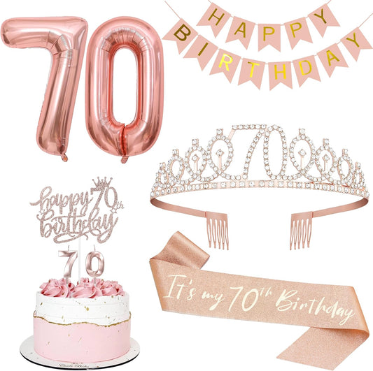 70th Birthday Decorations for Women, Including 70th Tiara and Sash, Happy Birthday Banner, Cake Toppers, Number Candles and Balloons Set, Rose Gold