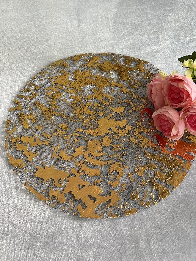 Disposable Black and Gold Placemats Set of 50 Metallic Thin Round 13 Inch Gold Doilies Mesh Pressed Fall Table Placemates 50 Pack Charger Plates for Wedding, Birthday Party