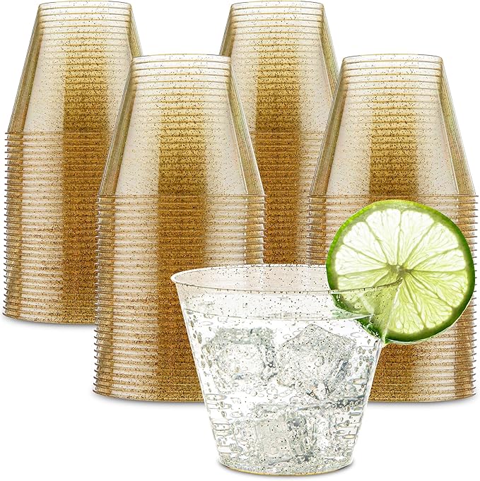 PLASTICPRO 9 oz Disposable Plastic Party Cups,Old fashioned Designed Tumblers, Gold Glitter 100 Count,
